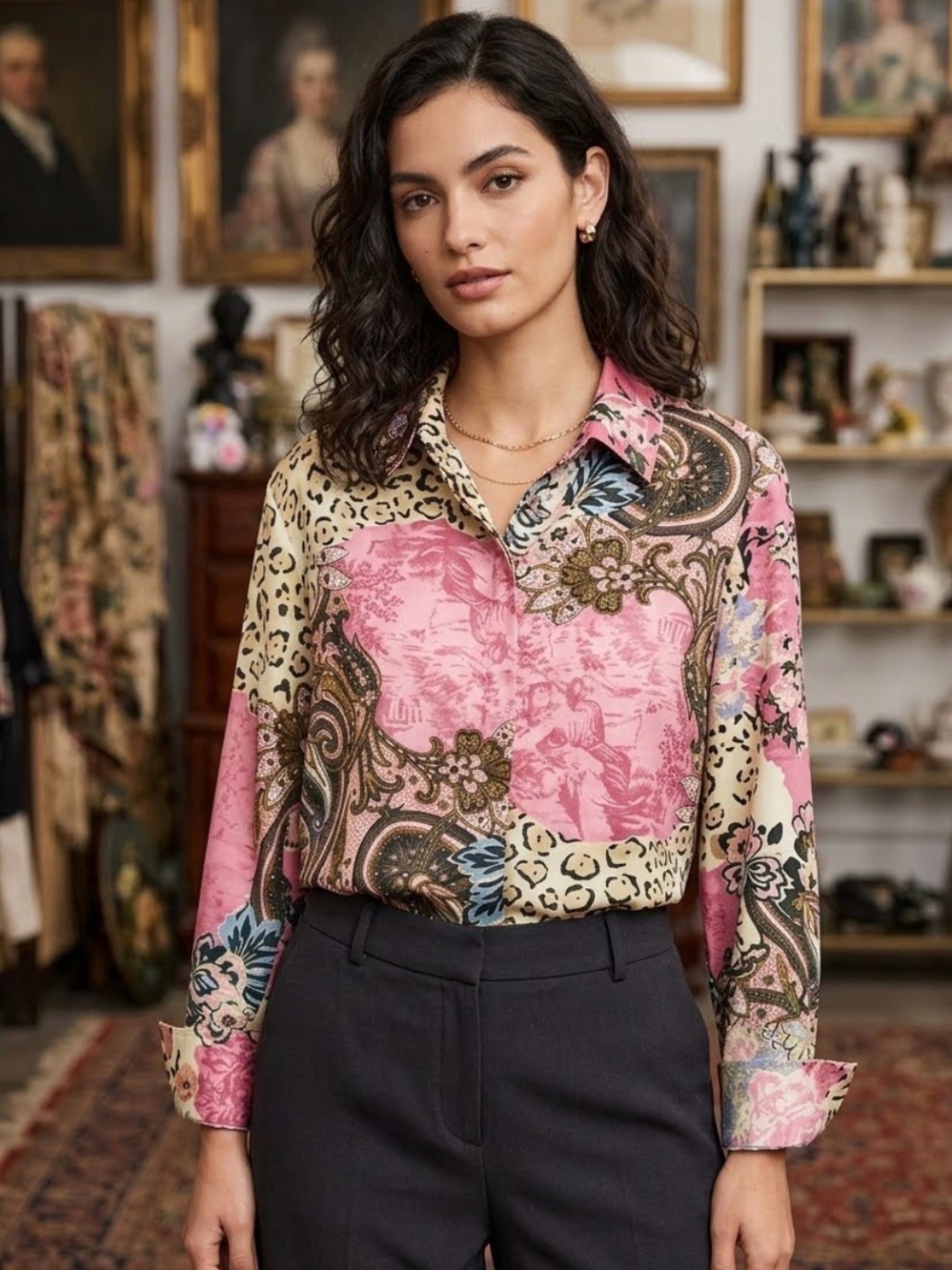 Vintage Selene Sport Mixed Print Blouse - Pink Paisley & Leopard - Size Medium - Picture 3 of 5